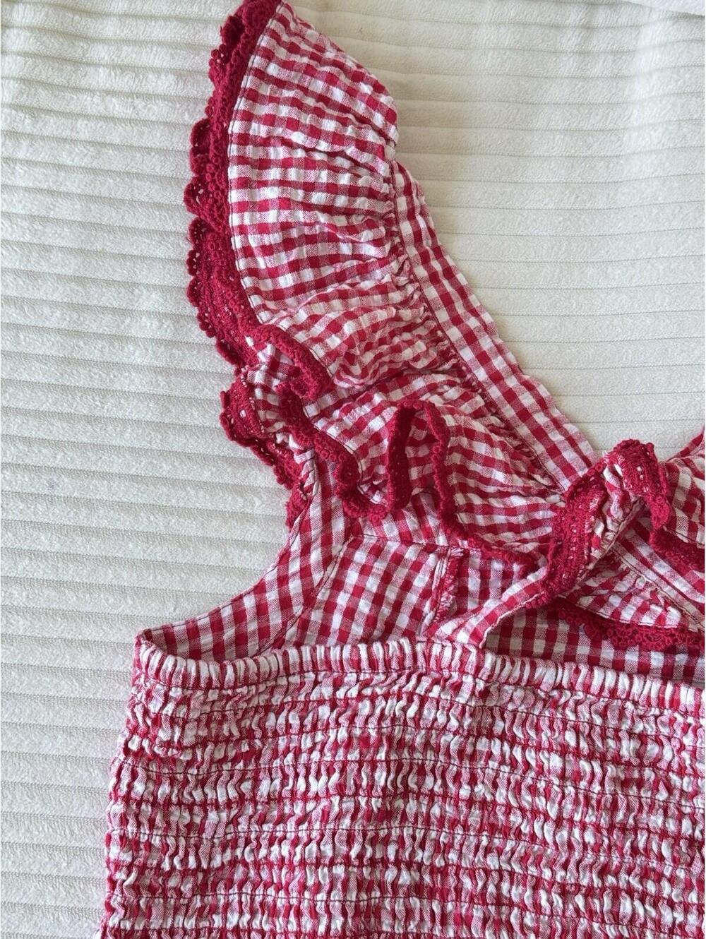 Broadway 38 Gingham Smocked Crop Top M Pink White Check Ruffle Strap Cottagecore - Picture 6 of 9